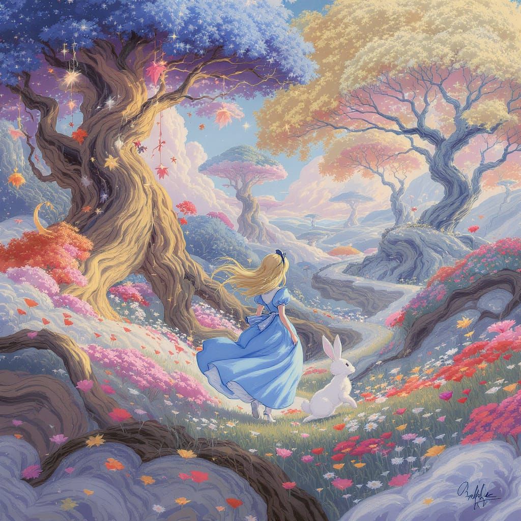 Alice Follows Rabbit into Dreamlike Fantasy World
