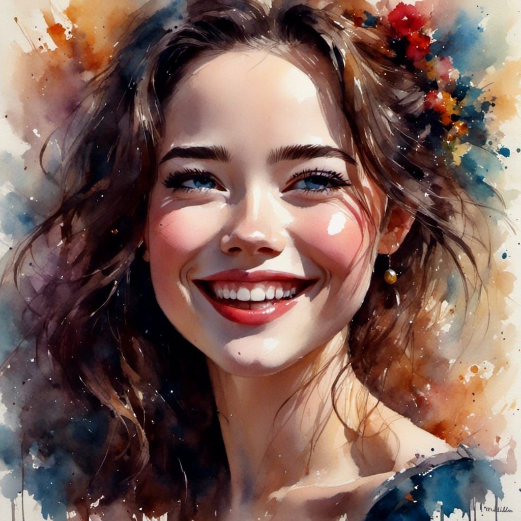 Portrait Painting of Smiling Woman with Beauty Effects