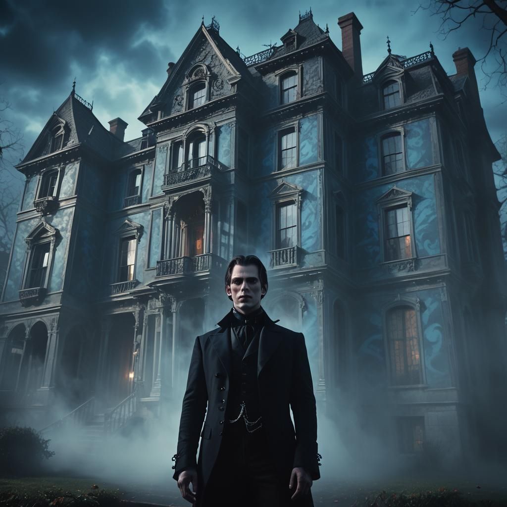 Elegant Vampire in Haunted Mansion: Film Noir Scene