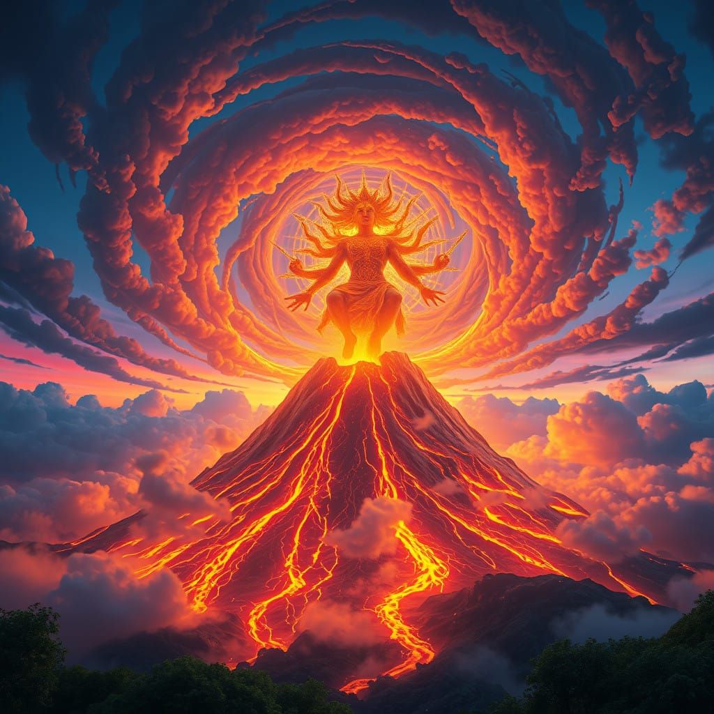 Fiery Deity Erupts Amidst Violet Twilight