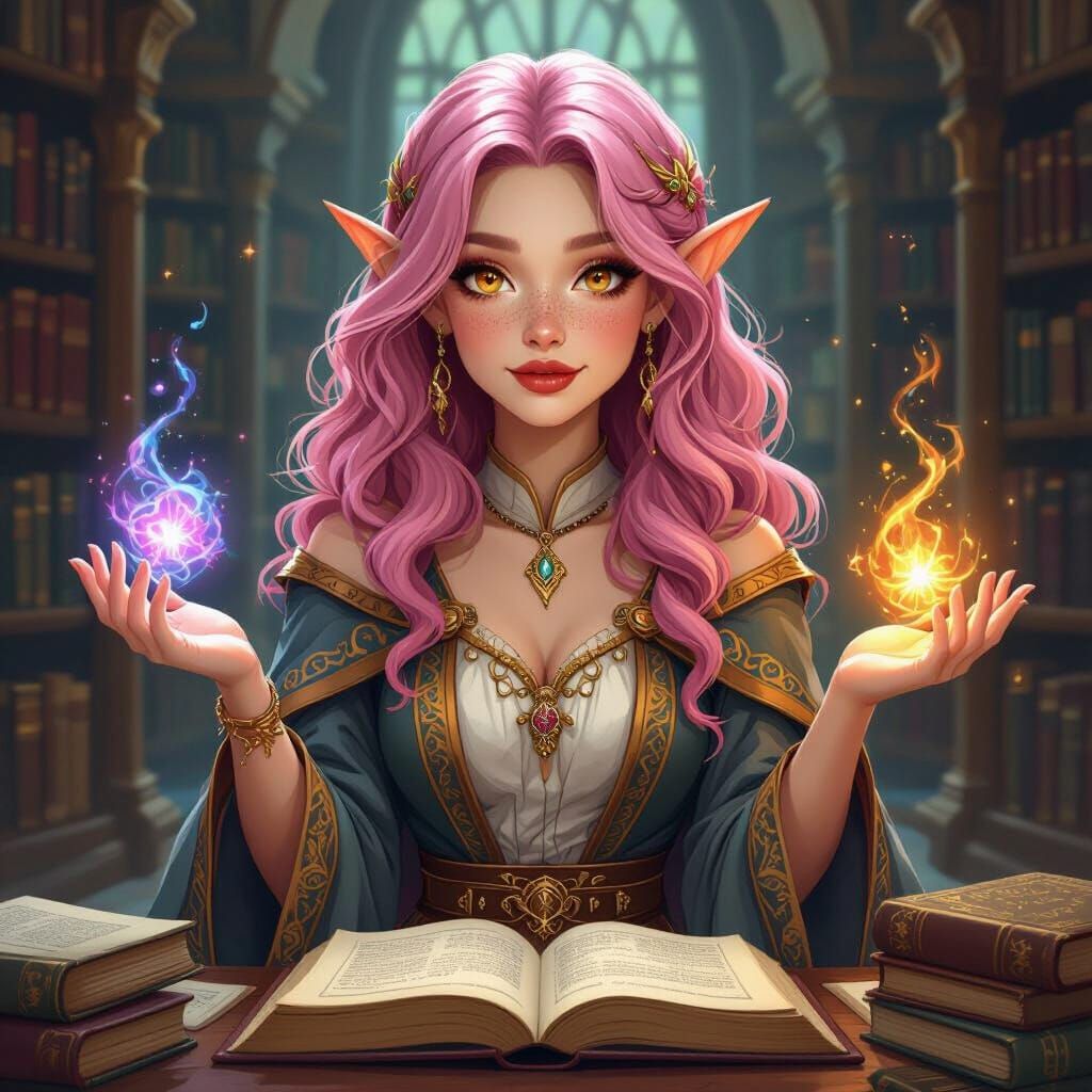 Enchanting Half-Elf Sorceress in Magical Library
