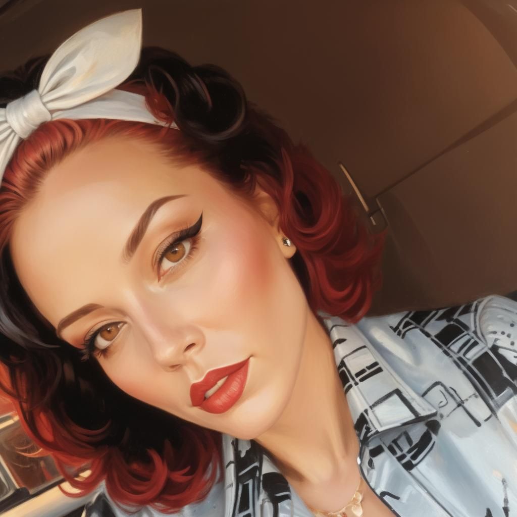Rockabilly Woman on Hot Rod in Oil Painting Style