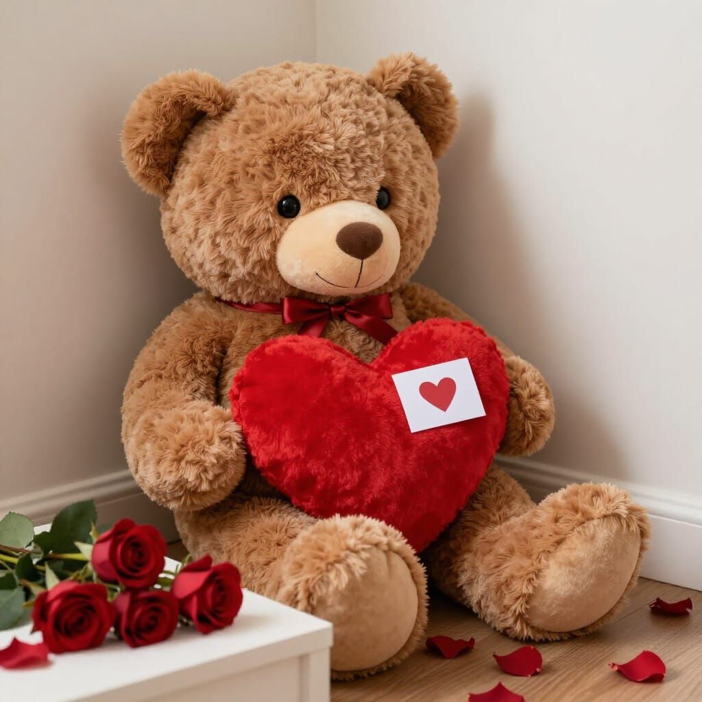 Giant Stuffed Bear with Valentine Heart in Cozy Room