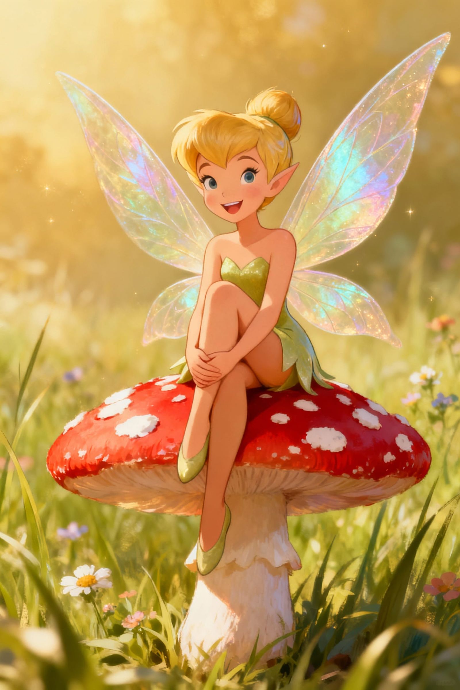 Tinkerbell Sits Smiling on a Mushroom