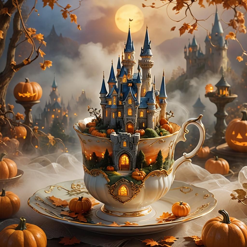 Fantasy Castle Teacup with Pumpkins in Golden Light