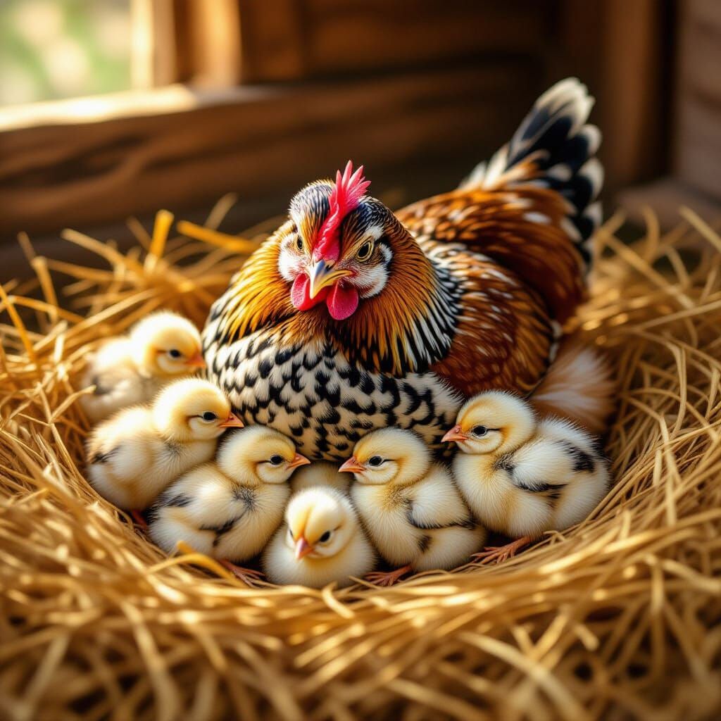 Heartwarming Farm Scene: Hen and Chicks in Nest