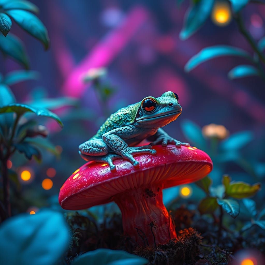 Dreamlike Furry Frog Perched on a Glowing Mushroom