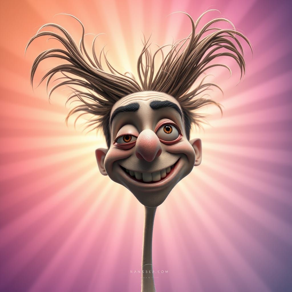 Crazy Man with Wild Hair and Huge Smile in 3D Style