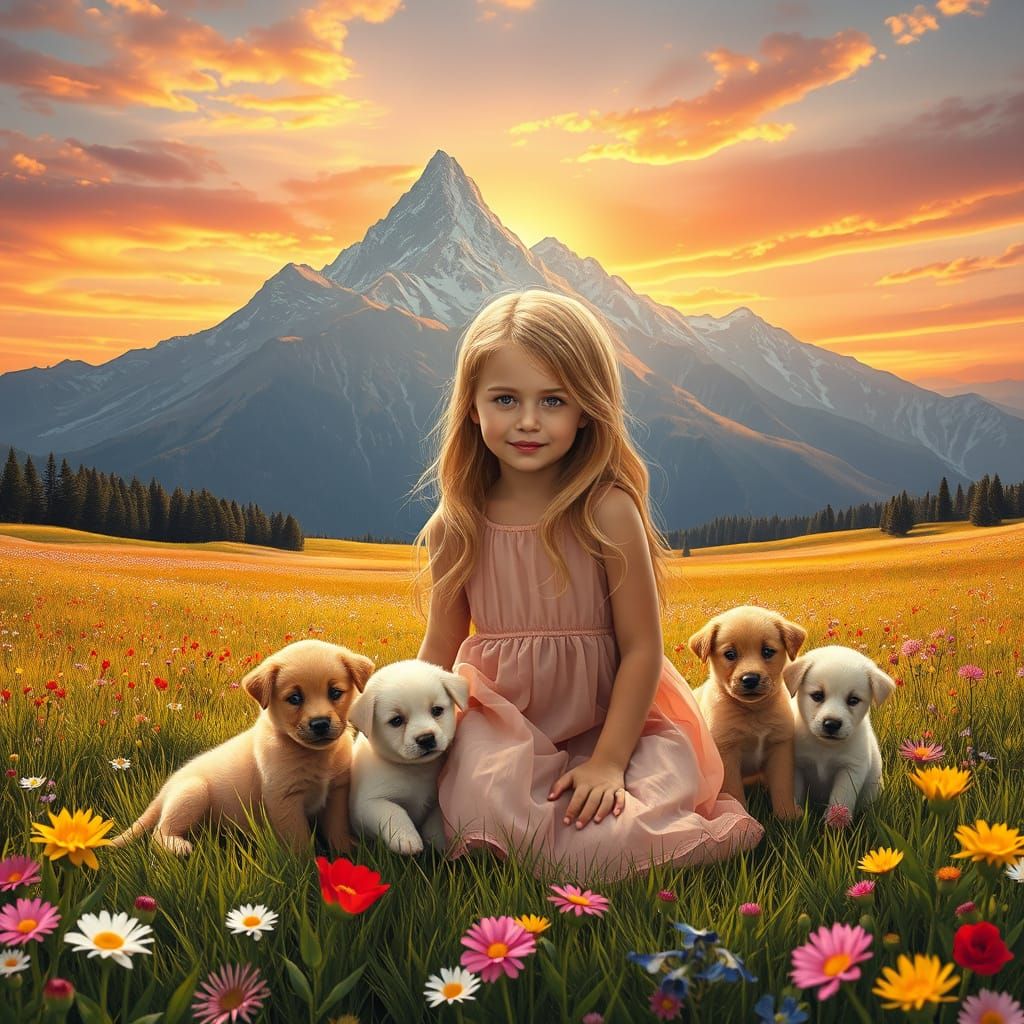 Girl with Puppies in Flower Field at Sunset