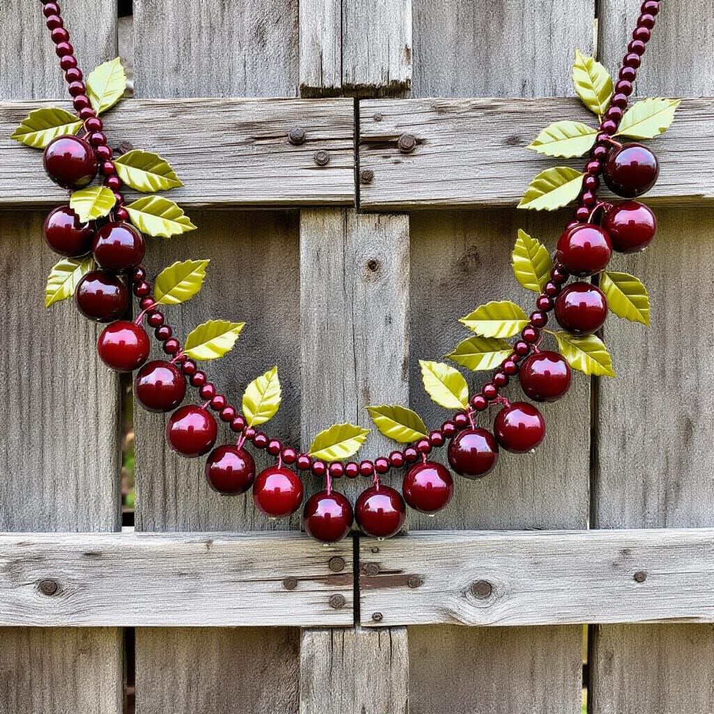Beaded Cherry Garland on Barn Door in Folk Art Style