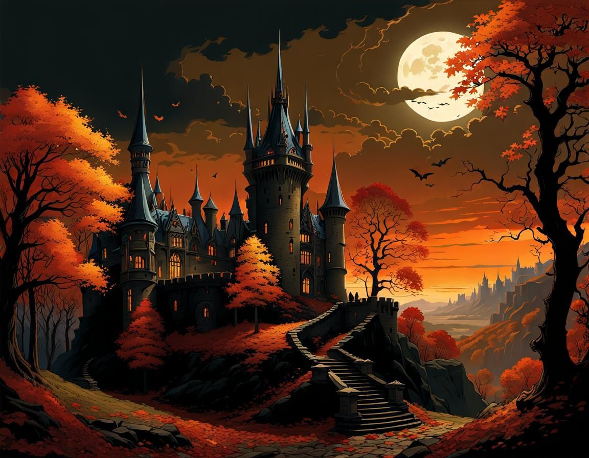 Romantic Vampiric Castle Ruins in Autumnal Moonlight
