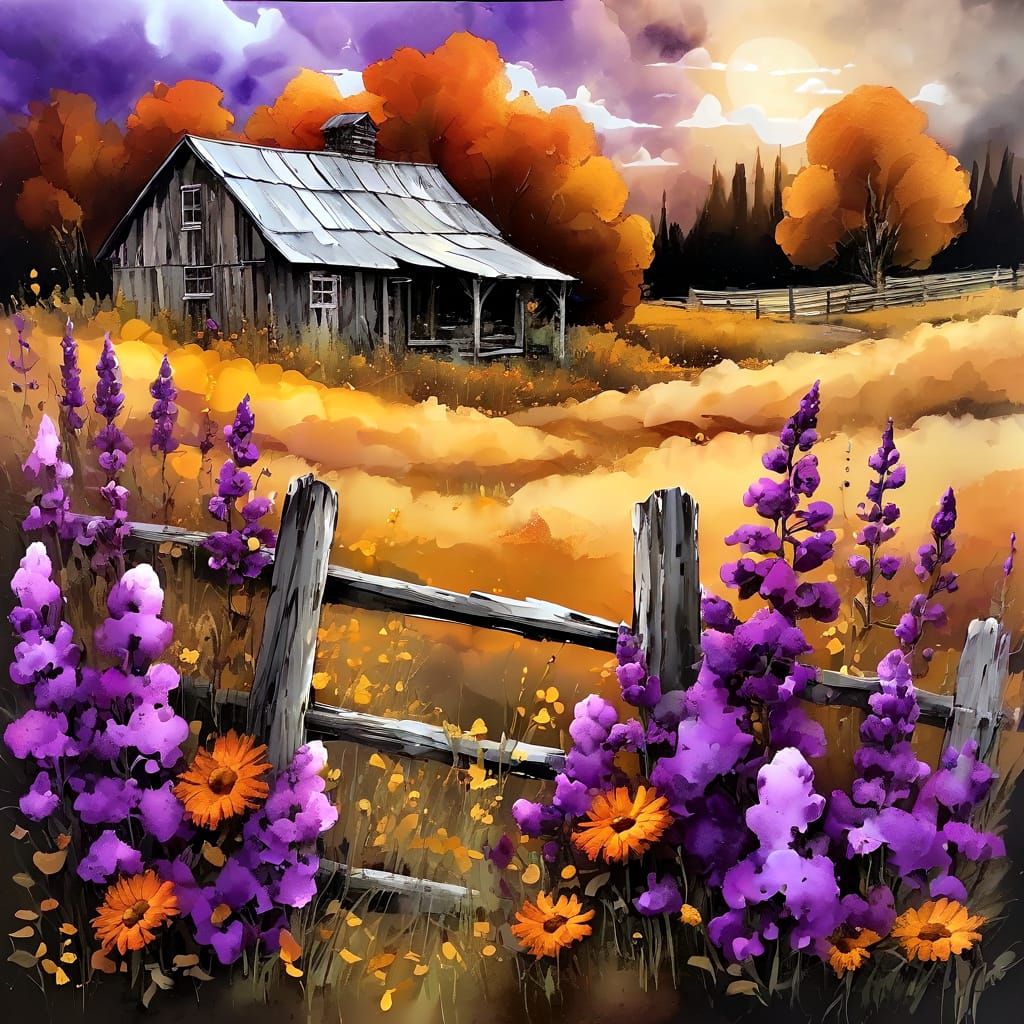 Fluffy Autumn Flowers with Impasto Sky