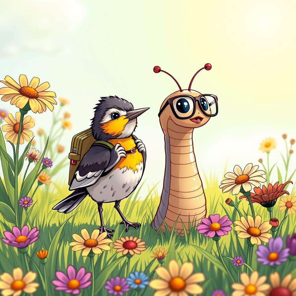 Bird and Worm Friends in Sunny Meadow Comic Art