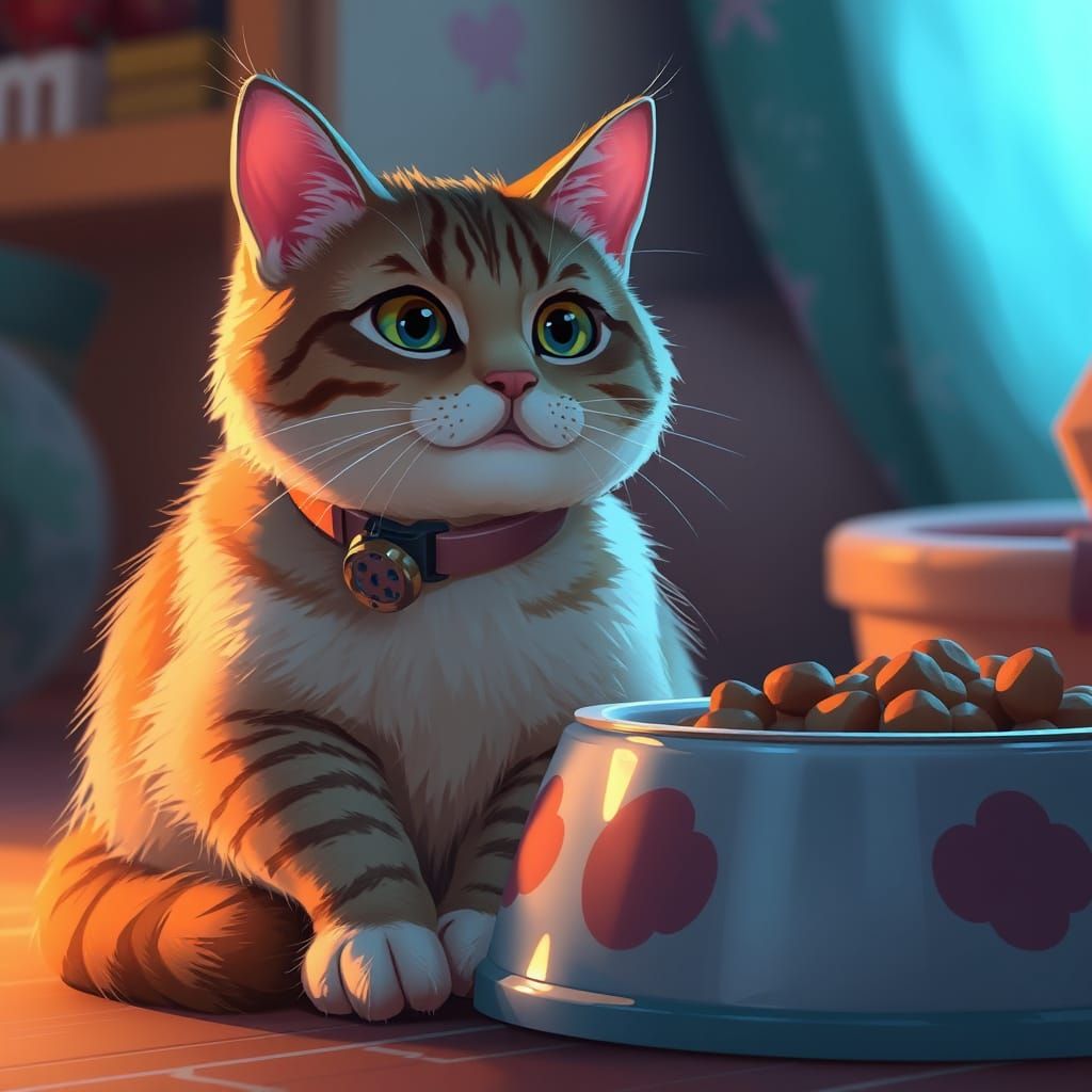 Cozy Cat Awaits Dinner in Soft, Warm Light