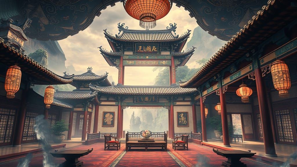 Epic Ancient Chinese Palace Interior in Vibrant Anime Style