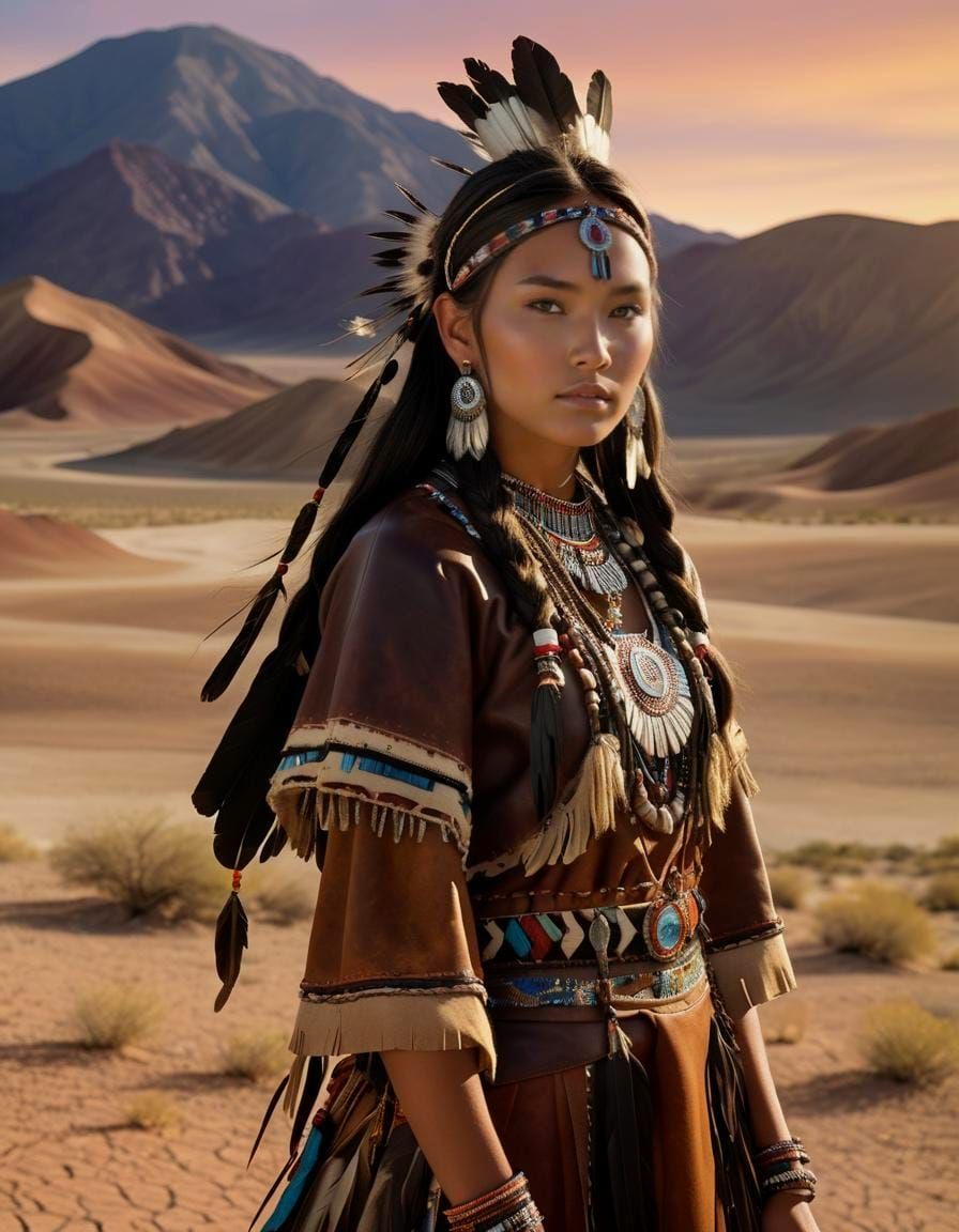 Cheyenne Woman in Desert: Hyperrealistic Fashion Portrait