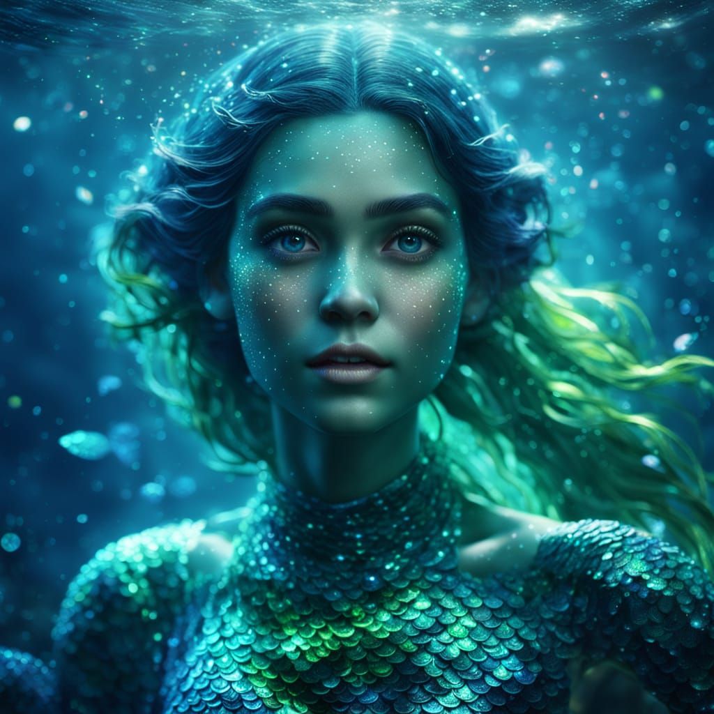 Hyperrealistic Mermaid in Deep Ocean Digital Art