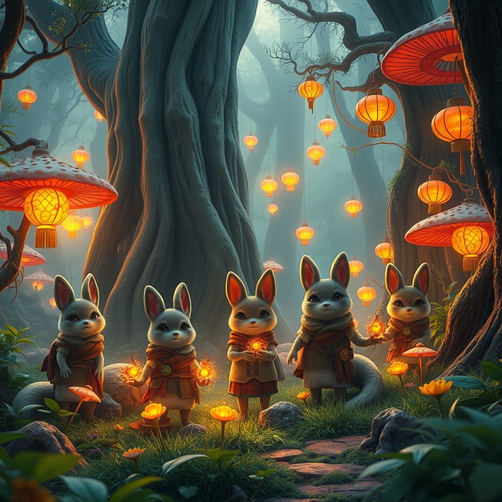 Mystical Kitsunes Harvest Trees in Vibrant Forest