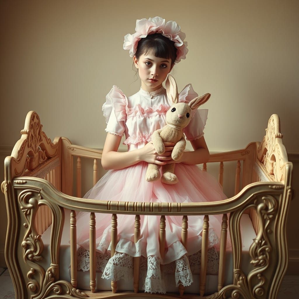 Ethereal Adult Baby in Antique Cot with Soft Toy