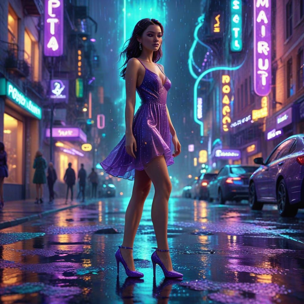 Futuristic City Scene with Woman in Purple Dress