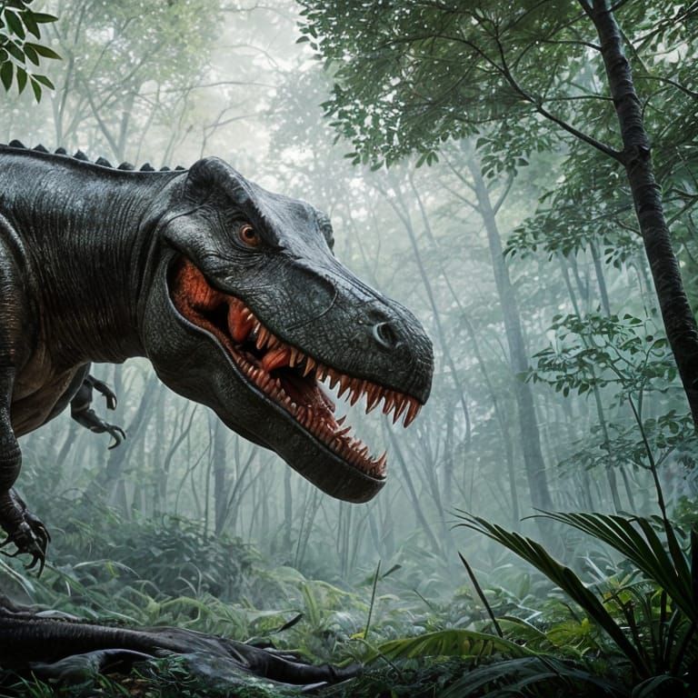 T-Rex in Eerie Jungle: Hyperrealistic Digital Art