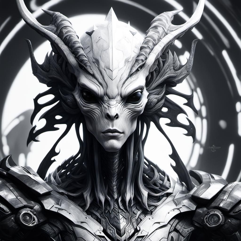 Alien Queen Portrait in Black and White, Detailed Art
