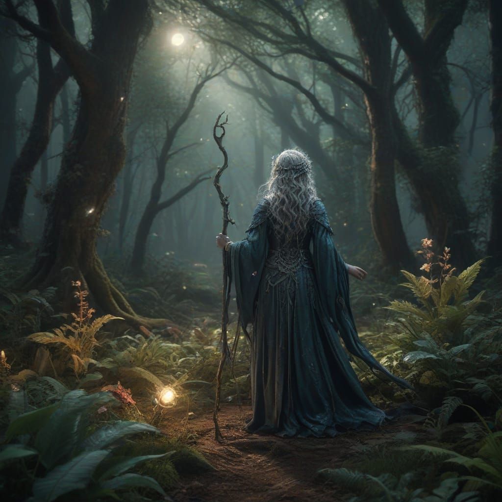 Enchanted Sorceress Amidst Iridescent Forest