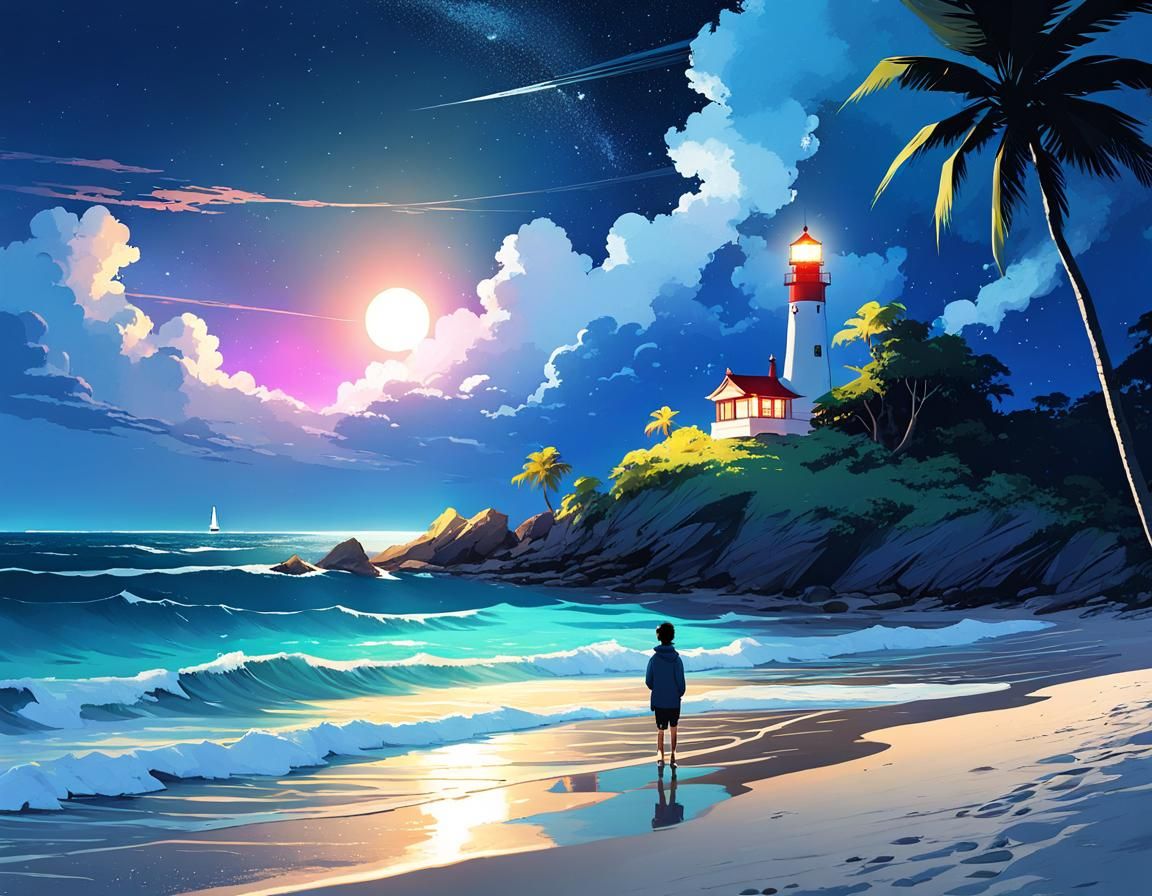 Midnight Tropical Beachscape in Anime Style