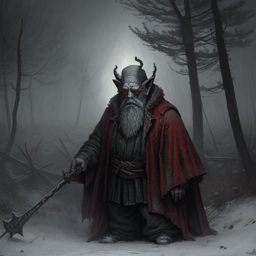 Demonic Gnome in Winter Woods: Horror Art
