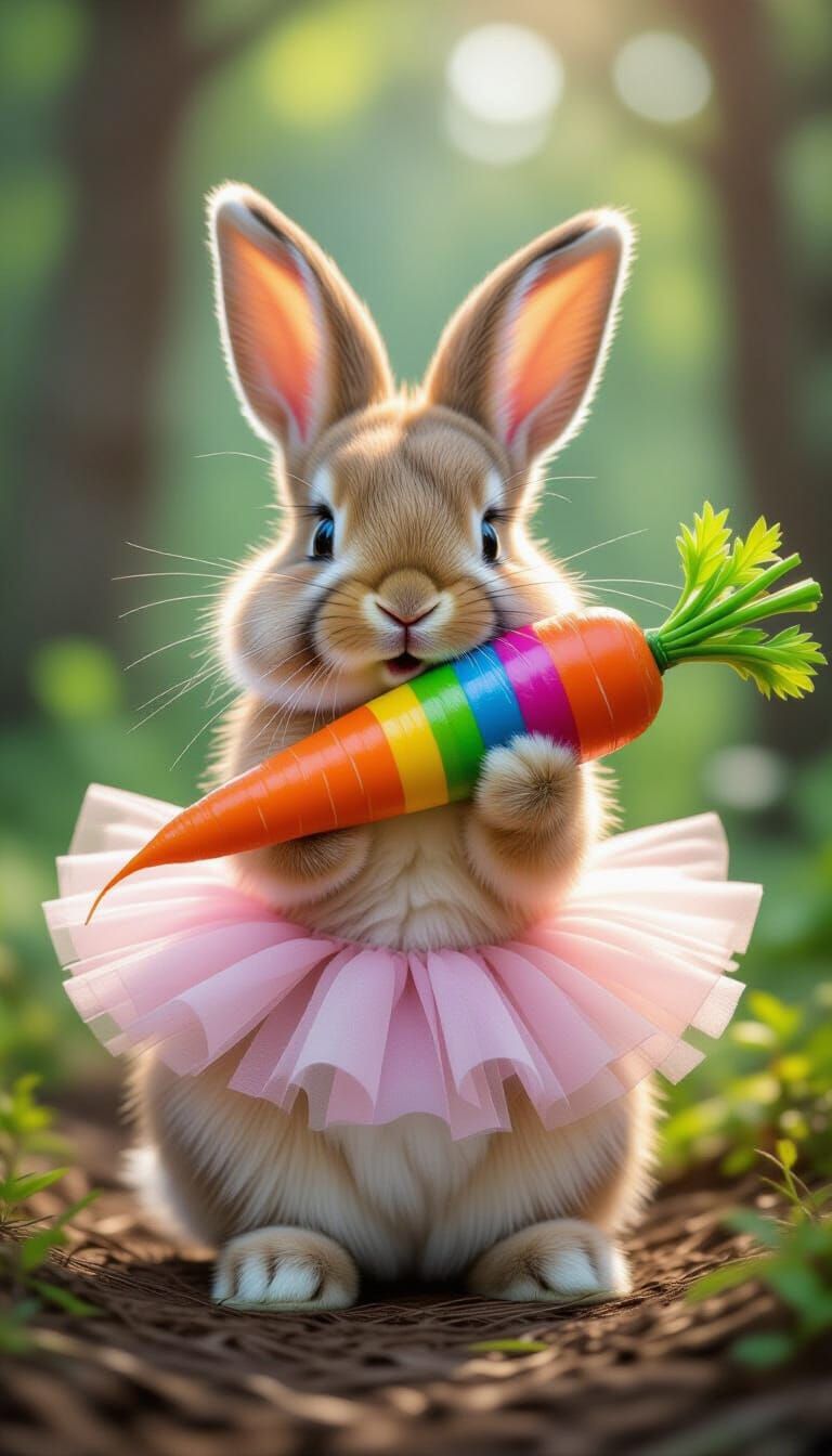 Fluffy Bunny in Tutu Eats Rainbow Carrot