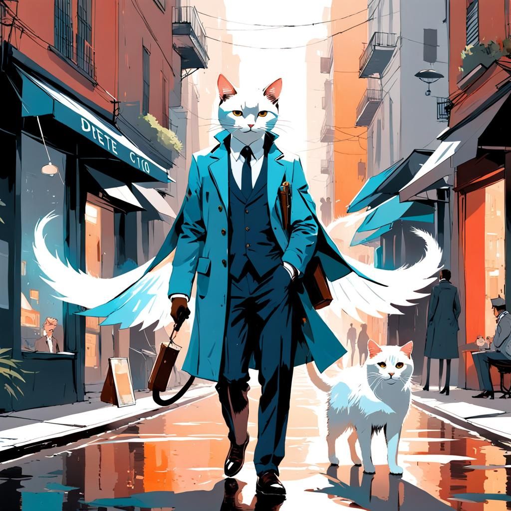 Cat Detective with Wings in Watercolor Cityscape