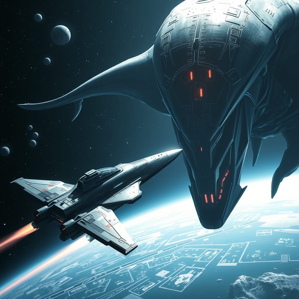 An armed space-lander is facing an alien spacecraft.