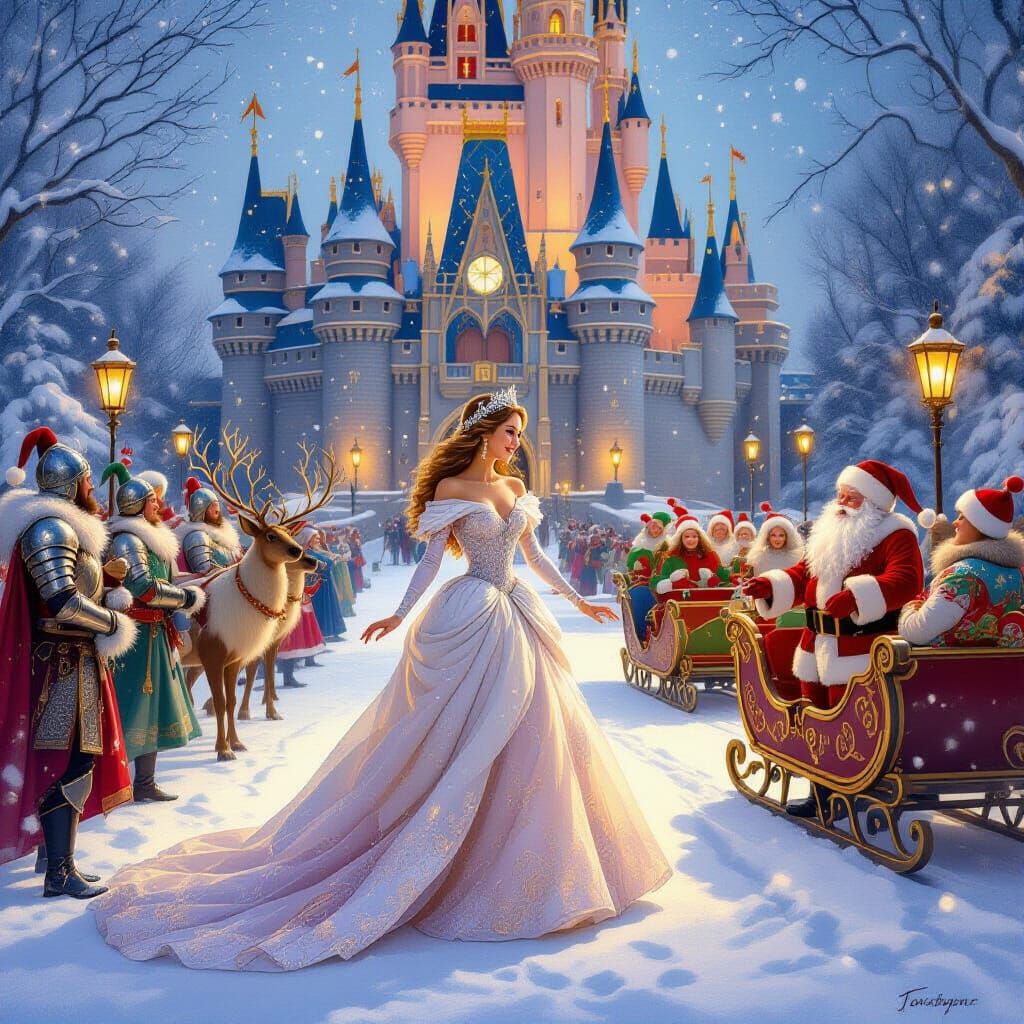 Enchanting Winter Ball Scene with Princess and Santa