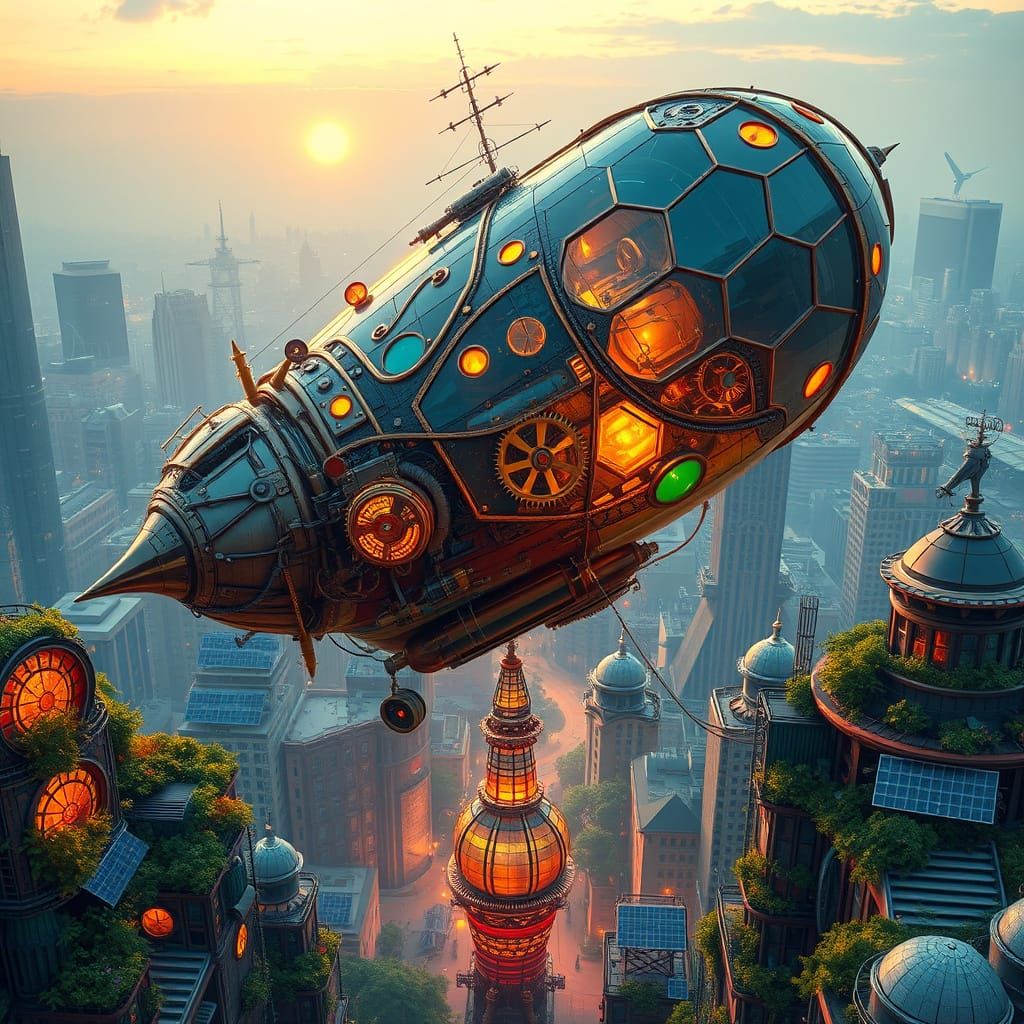 Steampunk Hummingbird Airship Over Solarpunk City