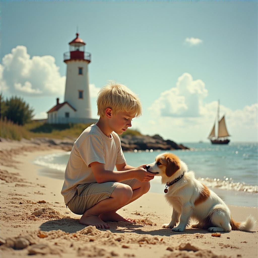 Boy and Dog on Beach with Lighthouse