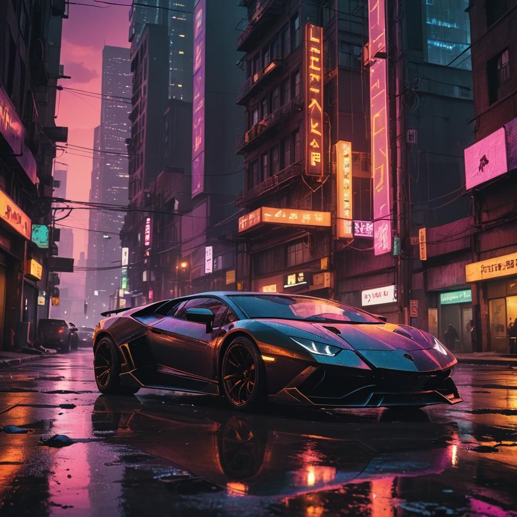 Neon Lamborghini in Dystopian Cyberpunk Cityscape
