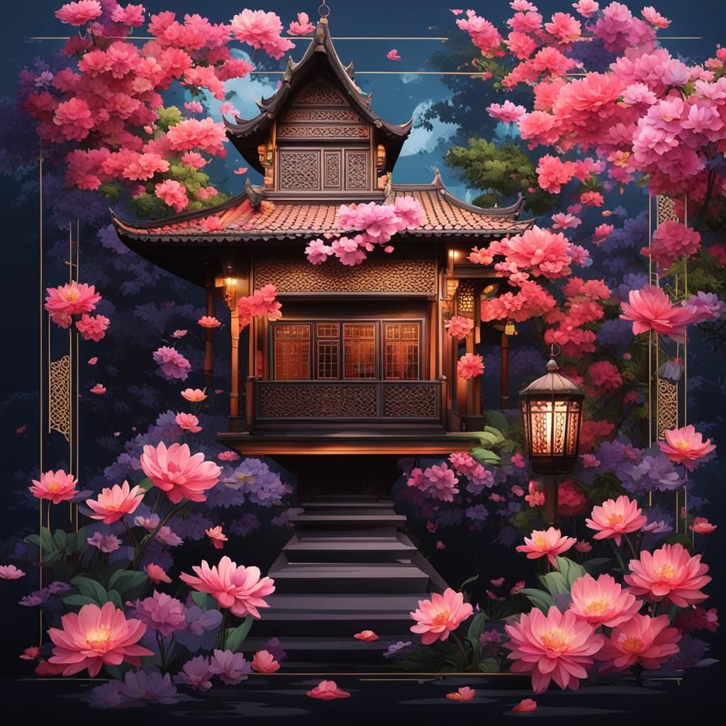 Oriental Wooden House with Colorful Floral Garden