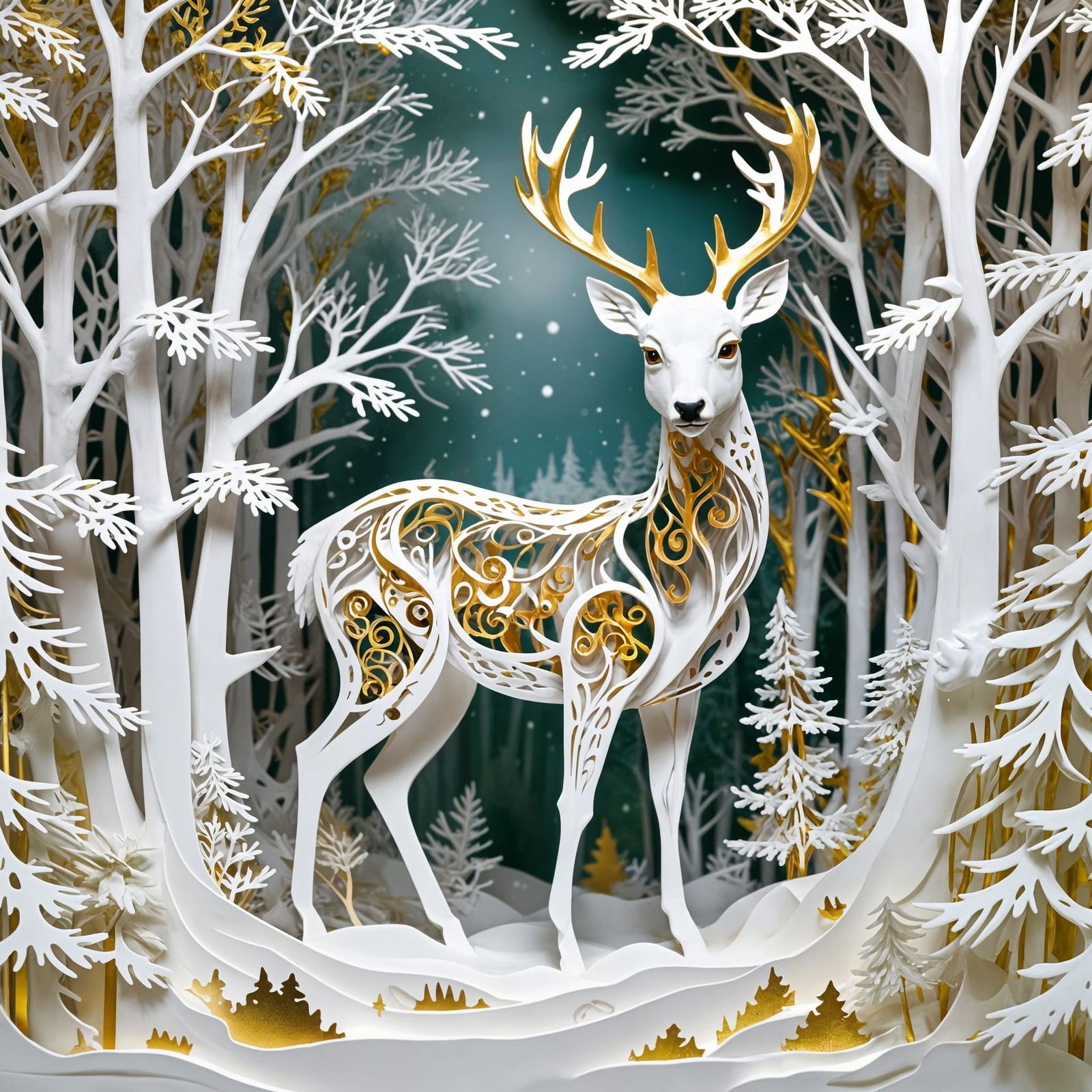 Kirigami White Deer in Snowy Forest