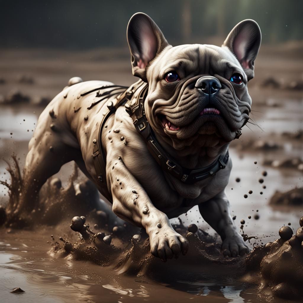 French Bulldog Rolls in Mud: Detailed Matte Painting