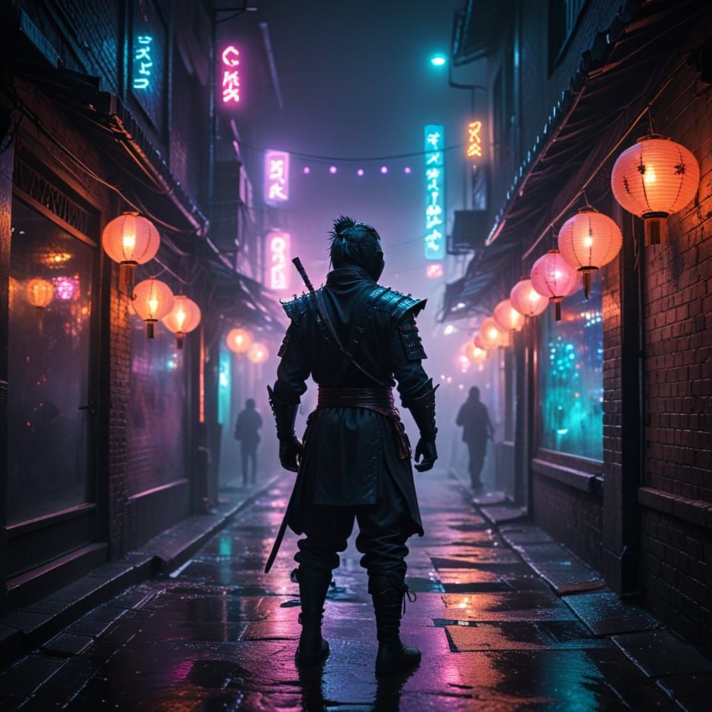 Hyper Realistic Ronin in Dimly Lit Alleyway