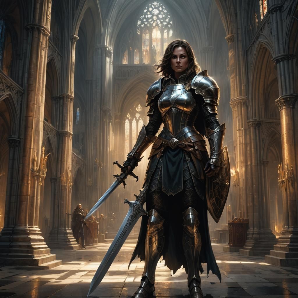 Female Paladin in Gothic Cathedral, Dark Fantasy Art