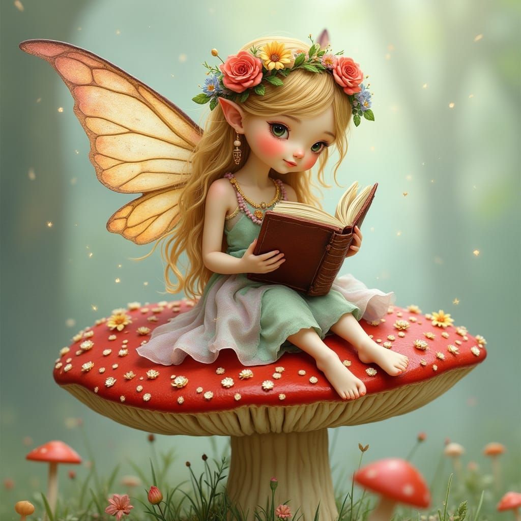 Pastel Fairy Reads Book on Toadstool
