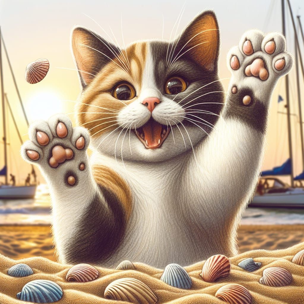 Joyful Calico Cat Dancing with Seashells