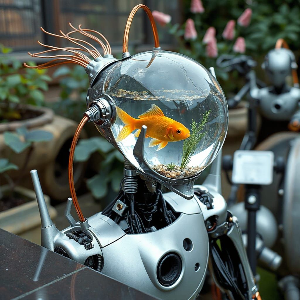 Robot with Crystalline Head in Futuristic Garden