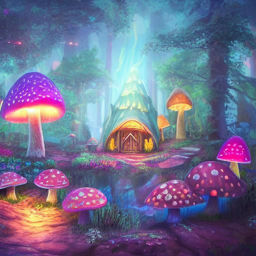 A fairy mushroom house in an enchanted bioluminescent forest...