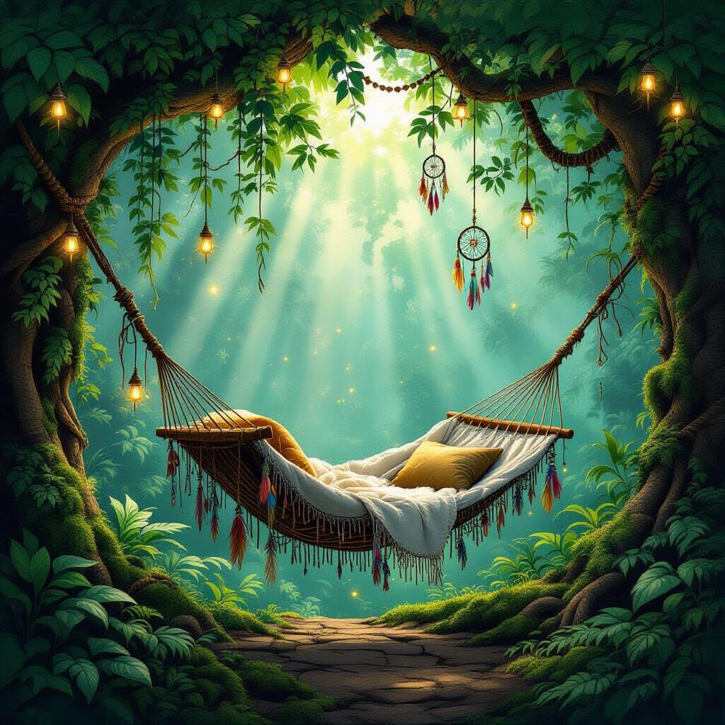 Boho Jungle Treehouse Hammock with Fairy Lights
