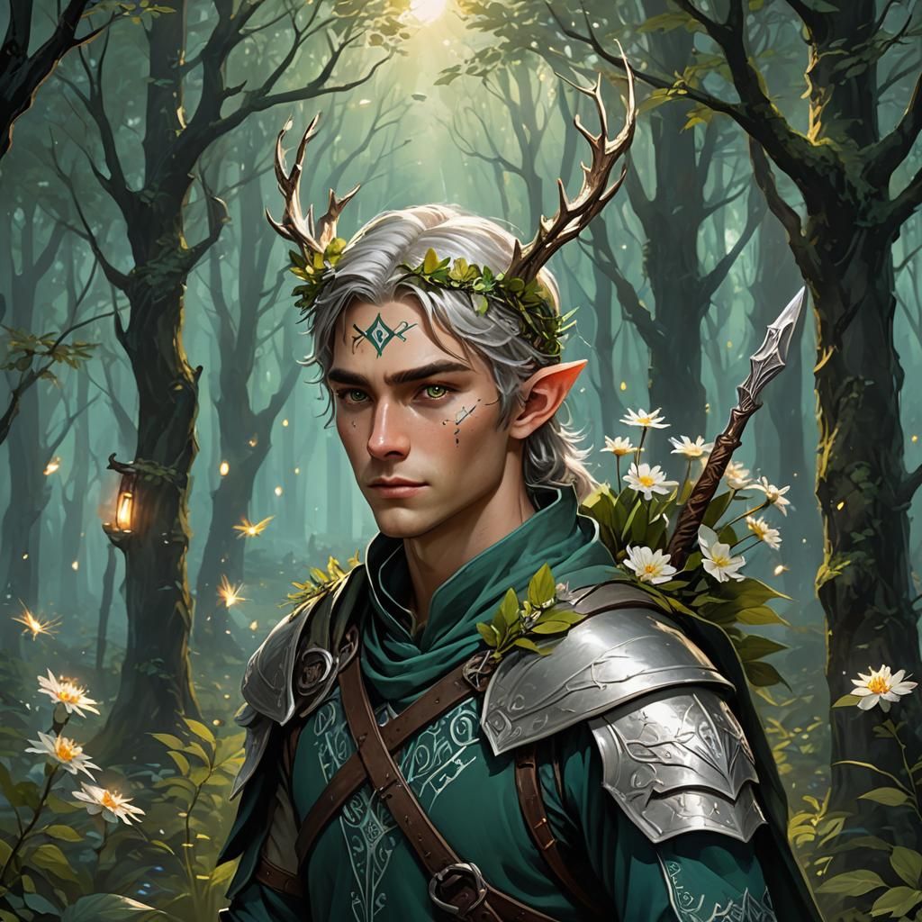 Elven Guardian in Firefly Forest, Hyperdetailed Art