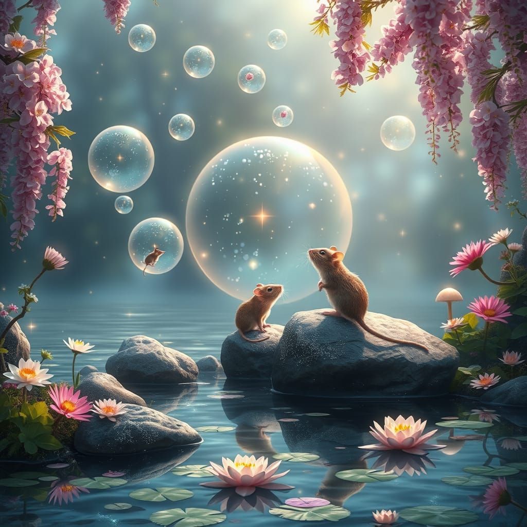 Magical Lake Landscape with Floating Bubbles