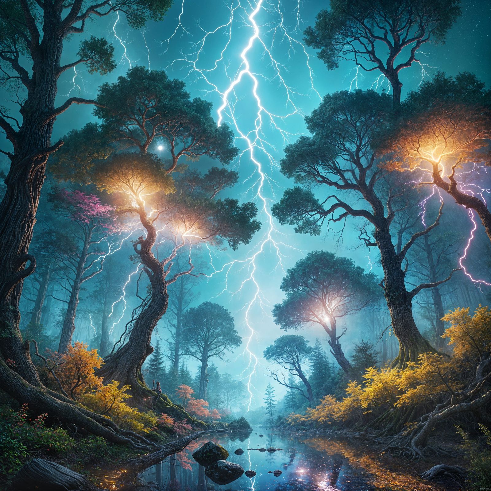 Enchanted Forest Trees in Vibrant Cosmic Hues
