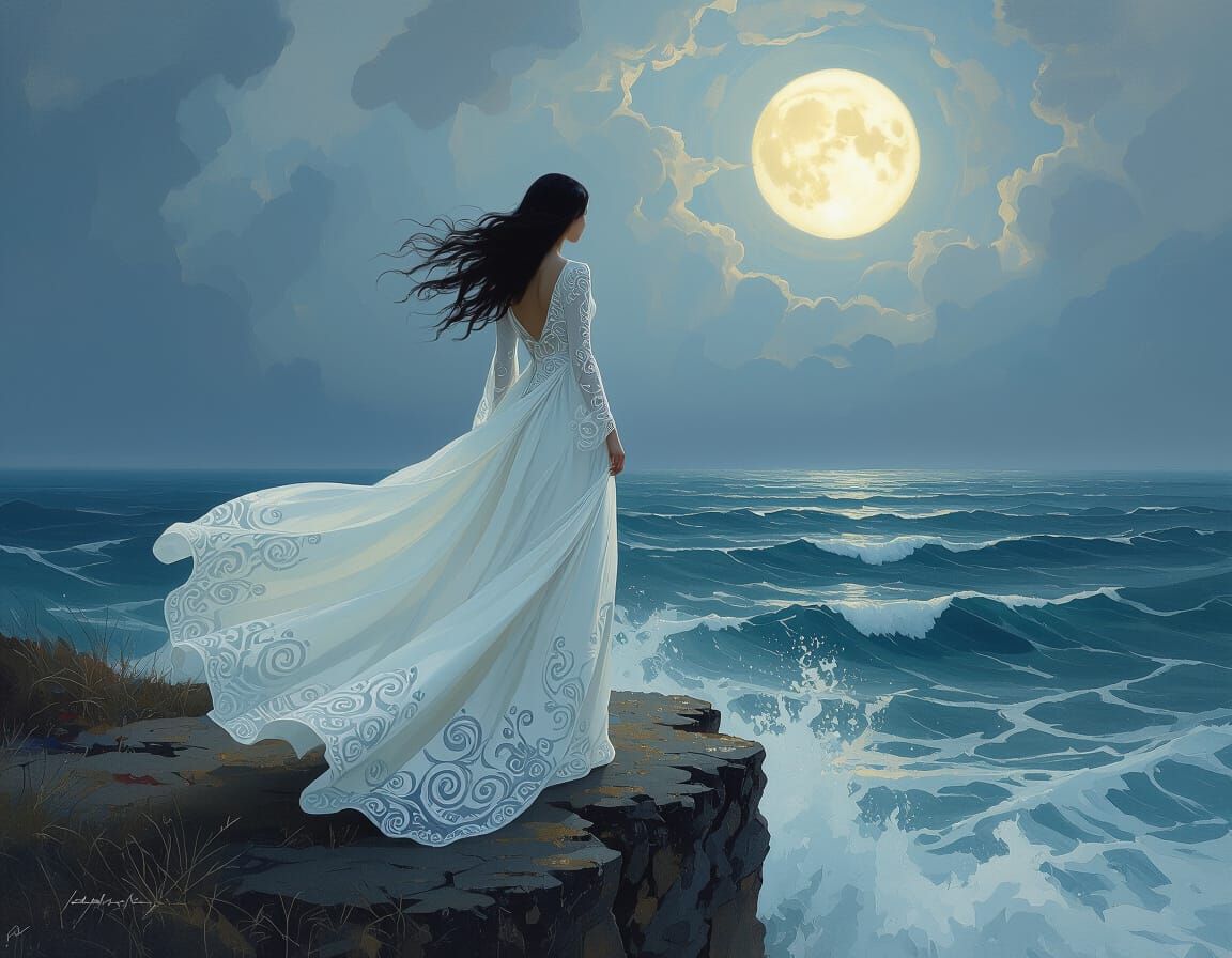 Dreamy Woman in Flowing Dress on Cliff Overlooking Moonlit S...